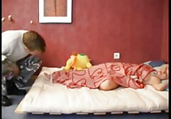 Tramp on the top big boobs pornstar bed lifting man limping with a blowjob